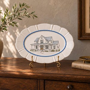May include: An oval white ceramic platter featuring a detailed black and white line drawing of a two-storey house with a blue roof. The platter has a scalloped edge and a decorative blue beaded border surrounding the central house illustration.