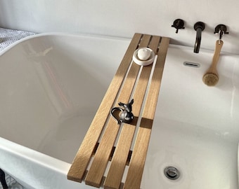 Oak Bath Tray | Slatted | Solid Oak | 19cm Depth x 2cm Thickness | Real Wood | Caddy | Storage