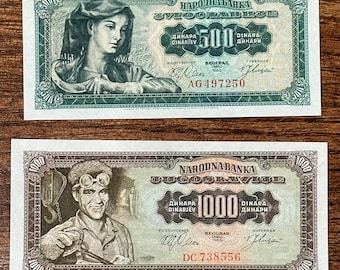 Conjunto de dinares da Iugoslávia de 1963: 500 e 1000 YUF, notas não circuladas