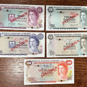 5 British Bermuda 1978-1984 Rare Specimen Notes UNC 5, 10, 20, 50 and 100 Dollars World Money