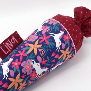 Cornet d'école en tissu personnalisé avec nom - licornes et fleurs