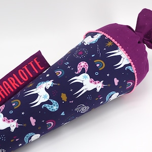 Cornet d'école en tissu personnalisé avec nom - Licorne violette