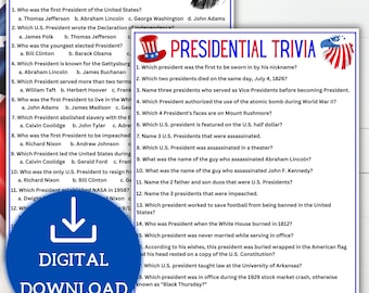 President's Day Trivia丨Presidential and First Lady Trivia Game丨US President's Trivia丨Independence Day Games丨President's Day Printable Game