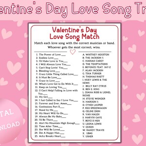 Valentine&#39;s Love Song Trivia Game丨Love Song Match Game丨Valentine&#39;s Day Game丨Valentine&#39;s Day Game Printable