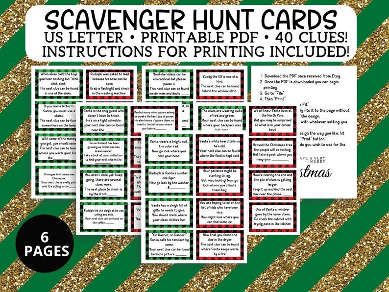 May include: A set of 6 printable scavenger hunt cards for a Christmas-themed game. The cards feature a red and green plaid pattern with white text. The cards include instructions for printing and 40 clues to help players find hidden objects around the house.