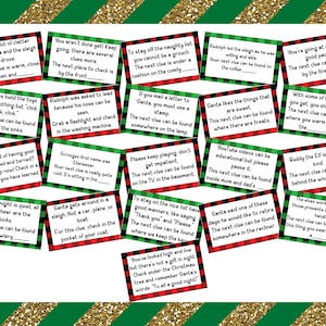 May include: A set of 16 Christmas-themed game cards with red and green plaid backgrounds. Each card has a different clue for a scavenger hunt game. The cards feature festive illustrations and text.
