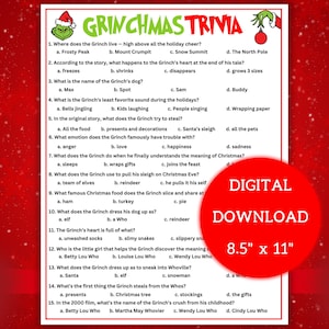 Puede incluir: Una hoja de juego de trivia de Grinchmas con preguntas de opción múltiple sobre el Grinch. La hoja es blanca con texto y gráficos verdes y rojos. Las palabras "DESCARGA DIGITAL" están en un círculo rojo, con las dimensiones 21,6 cm x 27,9 cm.