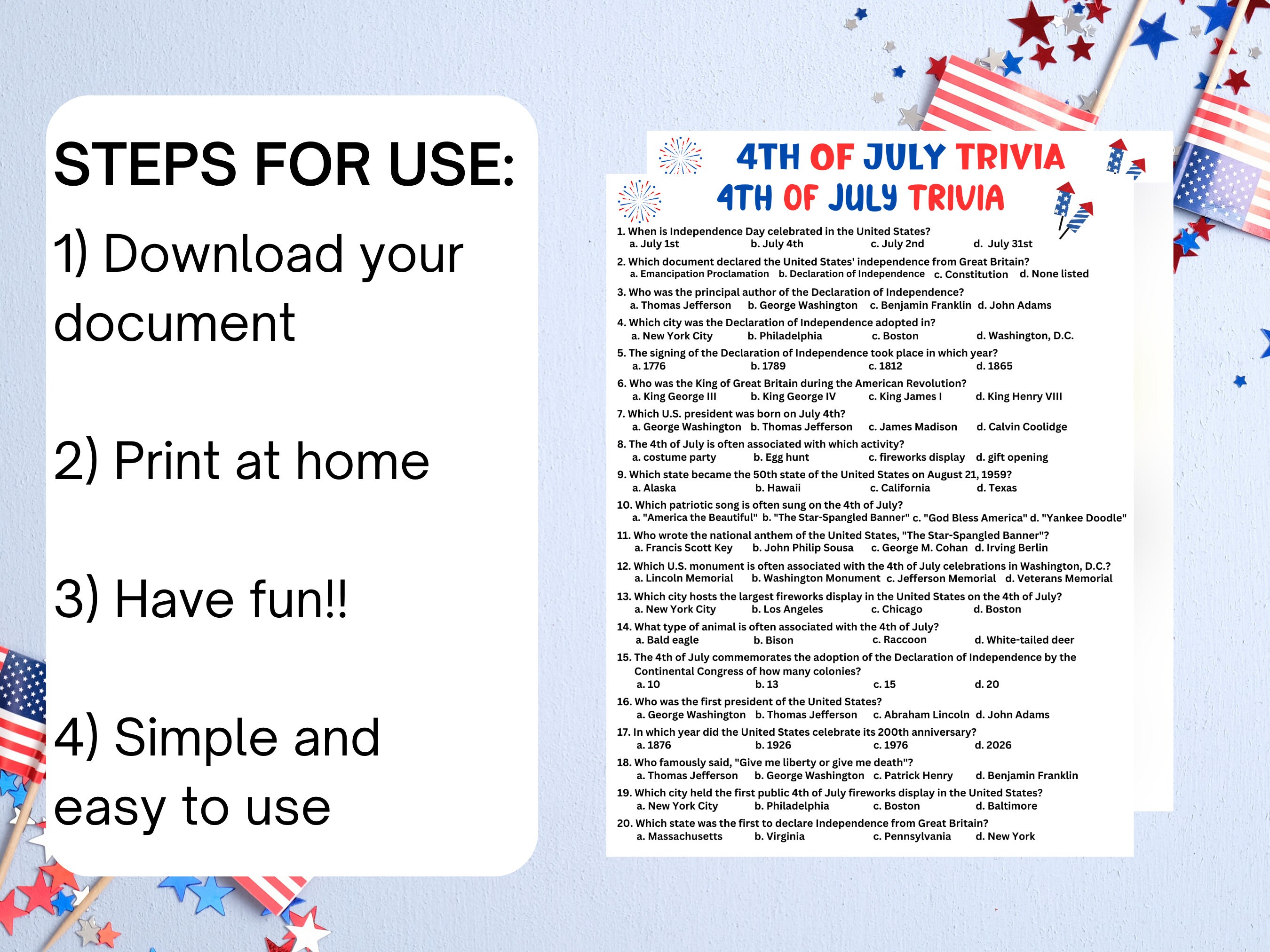 Printable USA Trivia Game | Independence Day Trivia Printable | 4th of ...