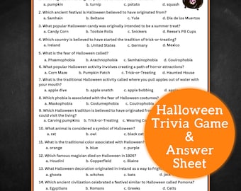 ハロウィントリビア | ハロウィントリビアの質問 | ハロウィントリビアクイズ | ハロウィン印刷可能 | ハロウィンパーティーゲーム | すぐにダウンロード