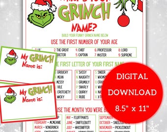 What's Your Grinch Name丨Grinch Name Tags丨Grinchmas Party Game丨Grinchmas Printable Game丨Grinch Name Game Printable丨Instant Download PDF