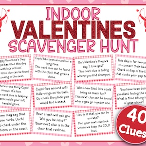 Indoor Valentine’s Day Scavenger Hunt丨Valentine’s Treasure Hunt丨Valentines Scavenger Hunt for Kids丨Valentine Scavenger Hunt Clues Printable