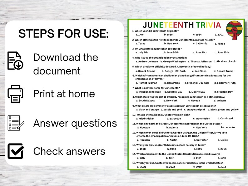 Juneteenth Trivia Game Printable | African American History Quiz ...