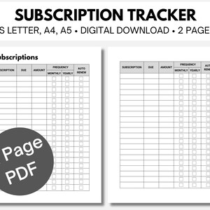 Subscription Tracker Printable: Expense & Budget Checklist (A4/A5/Letter) (Digital Download)