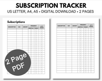 Subscription Tracker Printable | Subscription Checklist | Membership Tracker | Expense Tracker | Budget Tracker | A4/A5/Letter