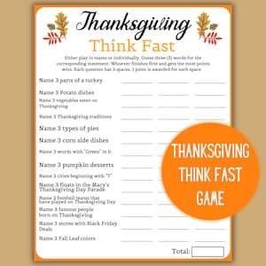 Thanksgiving Think Fast Game | Printable Thanksgiving Game | Thanksgiving Printable Games | Friendsgiving Printable Game