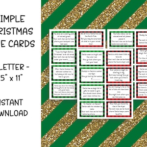 May include: A set of printable Christmas clue cards in red, green, and white with a buffalo plaid pattern. The cards are 8.5 inches by 11 inches and are designed to be used for a Christmas scavenger hunt.
