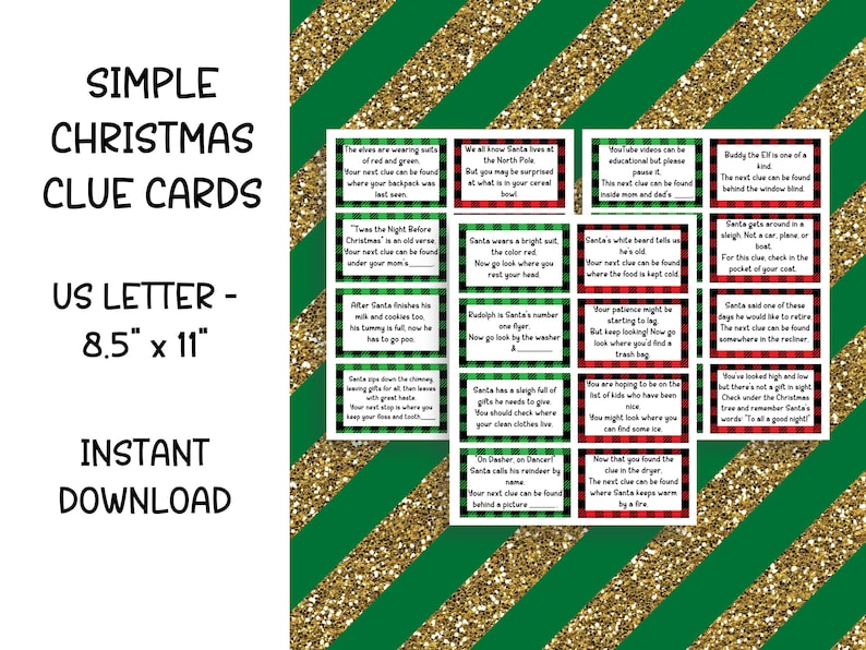 May include: A set of printable Christmas clue cards in red, green, and white with a buffalo plaid pattern. The cards are 8.5 inches by 11 inches and are designed to be used for a Christmas scavenger hunt.