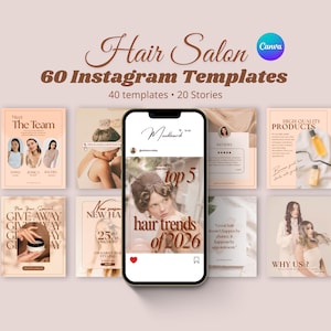 Hair Salon Instagram Templates Canva, Beauty Social Media Kit, 40 Posts + 20 Stories, Editable Hairdresser Templates