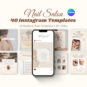 Op de afbeelding: Een promotieafbeelding voor een nagelsalon met 40 Instagram-sjablonen. Het ontwerp bevat een smartphone met een moodboard en voorbeelden van kant-en-klare content, zoals nagelkunsttransformaties en nagelgroeicontroles. Het kleurenpalet is neutraal met bruine en beige tinten.