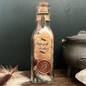 Könnte beinhalten: Eine klare Apothekerflasche aus Glas, gefüllt mit braunen und weißen Federn, mit der Aufschrift "Hippogriff Feathers". Die Flasche ist mit einem Korken und Bindfaden verschlossen und mit einem Metallfeder-Anhänger verziert.