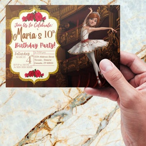 May include: A pink and gold birthday invitation featuring a ballerina illustration. The invitation reads "Join Us to Celebrate: Maria's 10th Birthday Party!" and includes the date, time, and location of the party.