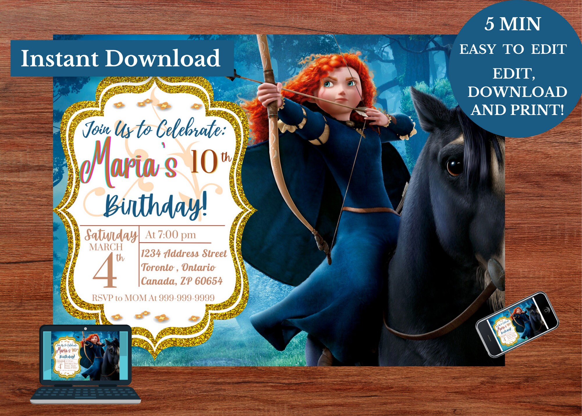 Princess Merida BRAVE BIRTHDAY Merida Editable Party Invitation Kids ...