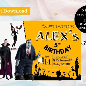 May include: A yellow and black printable invitation for a 5th birthday party. The invitation features characters from the animated movie Hotel Transylvania. The text on the invitation reads "You are invited to Alex's 5th Birthday. Saturday, May 14 at 5:30 PM. 106 Emmanuel Pl. Dudley NC 28333."