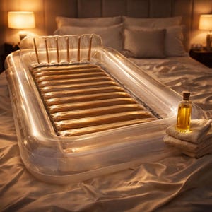 May include: A transparent inflatable bed frame with a headrest and a series of parallel, golden-colored air chambers. A small bottle of oil and a stack of white towels are placed nearby, suggesting a spa or relaxation theme.