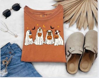 Comfort Colors Ghost Dog Fall Halloween Spooky Bleached or Solid Tee Tshirt, Tank Top, Sweatshirt