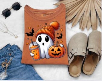 Comfort Colors Ghost Spooky Coffee Pumpkin Spice Latte Pumpkin Fall Halloween Bleached or Solid Tee Tshirt, Tank Top, Sweatshirt