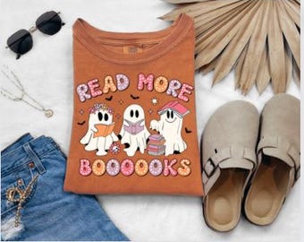Comfort Colors Ghost Read More Books Fall Halloween Spooky Bleached or Solid Tee Tshirt, Tank Top, Sweatshirt
