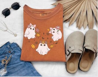 Comfort Colors Ghost Floral Pumpkin Dancing Fall Halloween Spooky Bleached or Solid Tee Tshirt, Tank Top, Sweatshirt