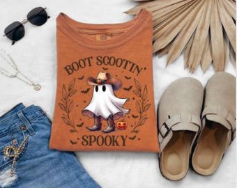 Comfort Colors Ghost Spooky Boot Scootin Dancing Fall Halloween Bleached or Solid Tee Tshirt, Tank Top, Sweatshirt