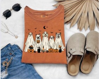 Comfort Colors Ghost Dog Fall Halloween Spooky Trick or Treat Bleached or Solid Tee Tshirt, Tank Top, Sweatshirt