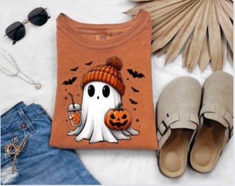 Comfort Colors Ghost Latte Pumpkin Spice Bats Fall Halloween Spooky Bleached or Solid Tee Tshirt, Tank Top, Sweatshirt