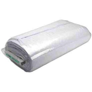 May include: A roll of white, translucent plastic sheeting. The roll is tightly wound and secured with a green and white label. The plastic appears to be folded over itself, creating a compact, rectangular shape.