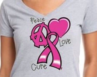 Vee / Crew Neck Shirt - PEACE LOVE CURE Cancer Fight - Adult