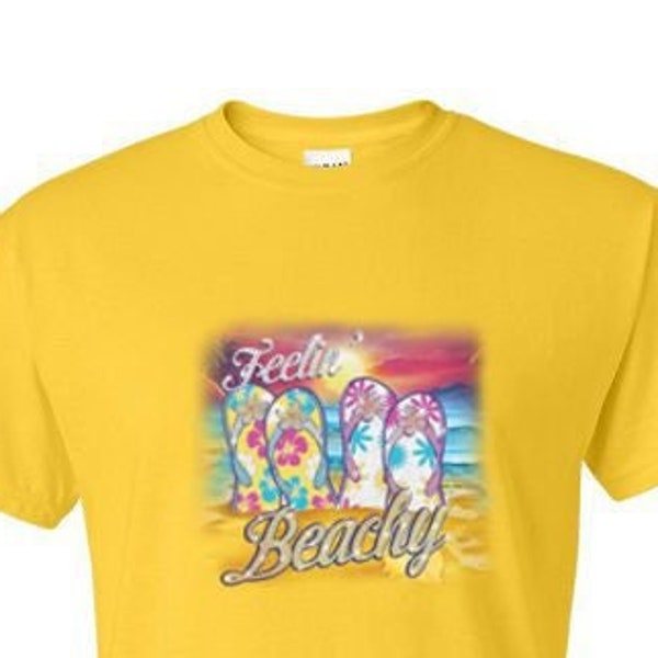 T-Shirt / Vee / Crew - Beautiful Rhinestone FEELIN BEACHY - Sassy Flip Flops Chicks Adult