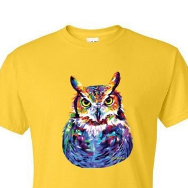 T-Shirt - Great HORNED OWL bird - NEON fun Adult