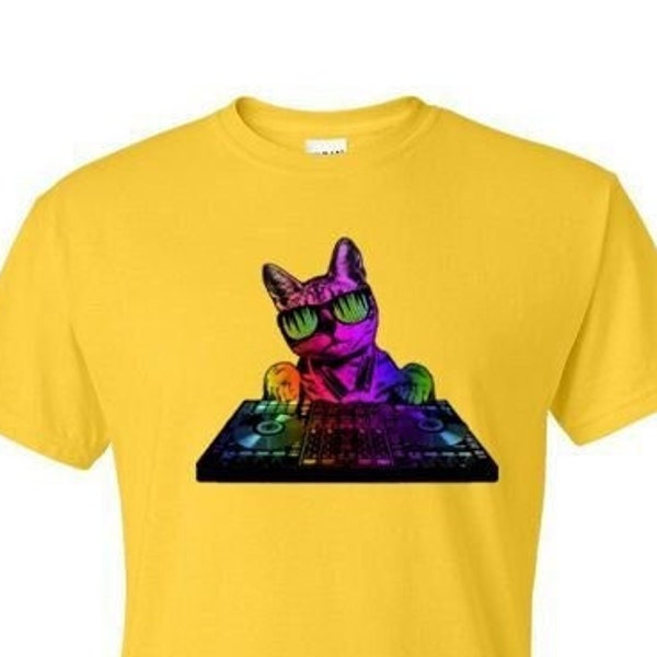 T-Shirt - Technicolor Cool DJ CAT - Glases Music NEON fun animal Adult