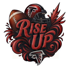 Puede incluir: Ilustración digital con un balón de fútbol, un casco rojo y negro, y las palabras "Rise Up" en una fuente estilizada. El diseño incorpora elementos decorativos rojos y negros y el logotipo del equipo.