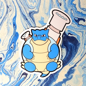 May include: A blue and yellow cartoon character with a grumpy expression, holding a white and orange bong. The character is sitting on a white background.