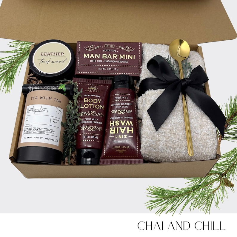 Gift Box for Men, Self Care Gift for Husband, Shower Steamer, Soap, Journal, Care Package for Him, Gift for Brother, Christmas Gift Box CHAI & CHILL