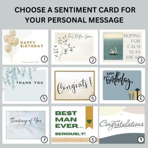 May include: A selection of sentiment cards with various messages, including "Happy Birthday," "Thank You," and "Congratulations." The cards feature designs with balloons, floral elements, and a sailboat. The text "Choose a Sentiment Card for Your Personal Message" is at the top.