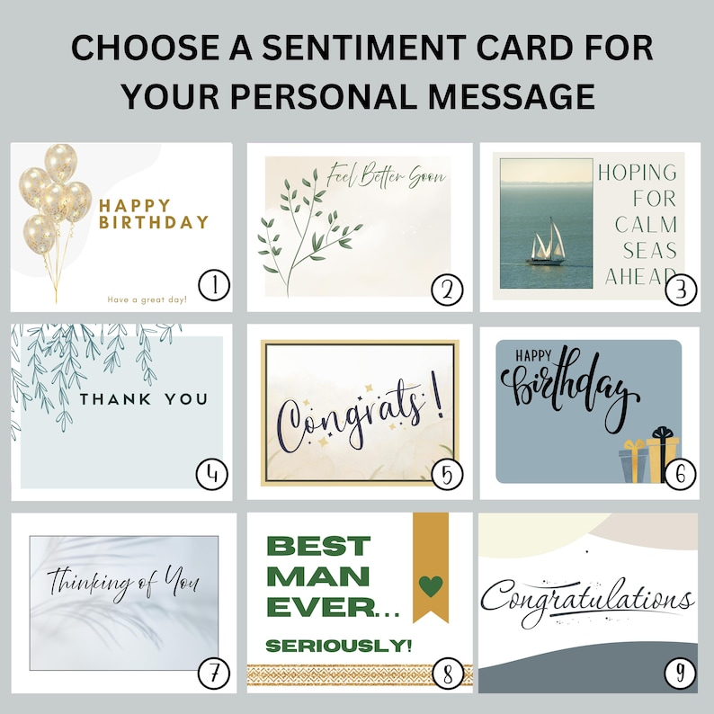 May include: A selection of sentiment cards with various messages, including "Happy Birthday," "Thank You," and "Congratulations." The cards feature designs with balloons, floral elements, and a sailboat. The text "Choose a Sentiment Card for Your Personal Message" is at the top.