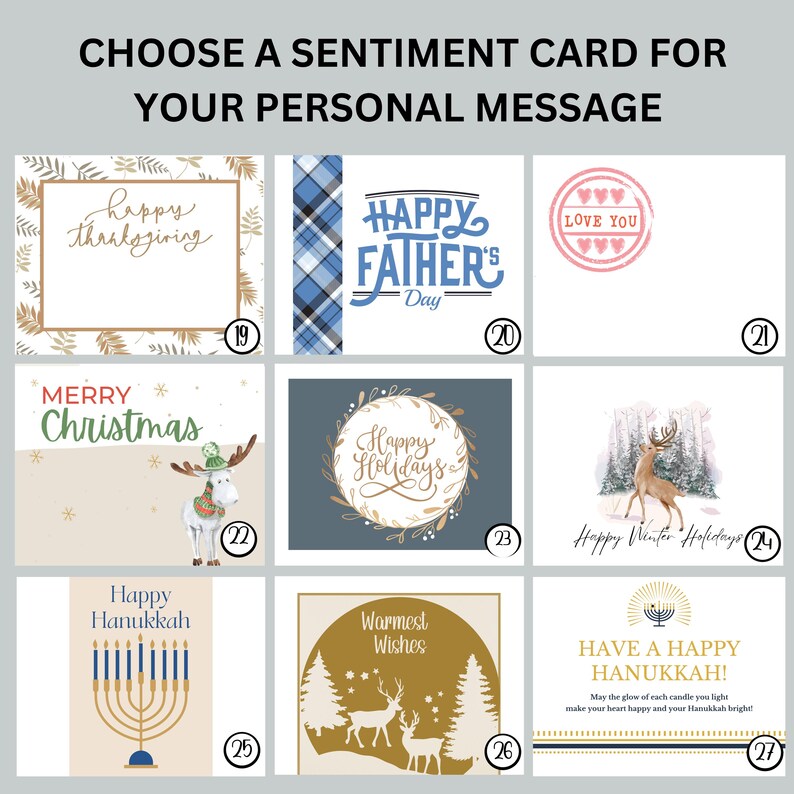 May include: A selection of sentiment cards with various designs and messages. Cards include "Happy Thanksgiving," "Happy Father's Day," "Love You," "Merry Christmas," "Happy Holidays," "Happy Winter Holidays," "Happy Hanukkah," and "Warmest Wishes."