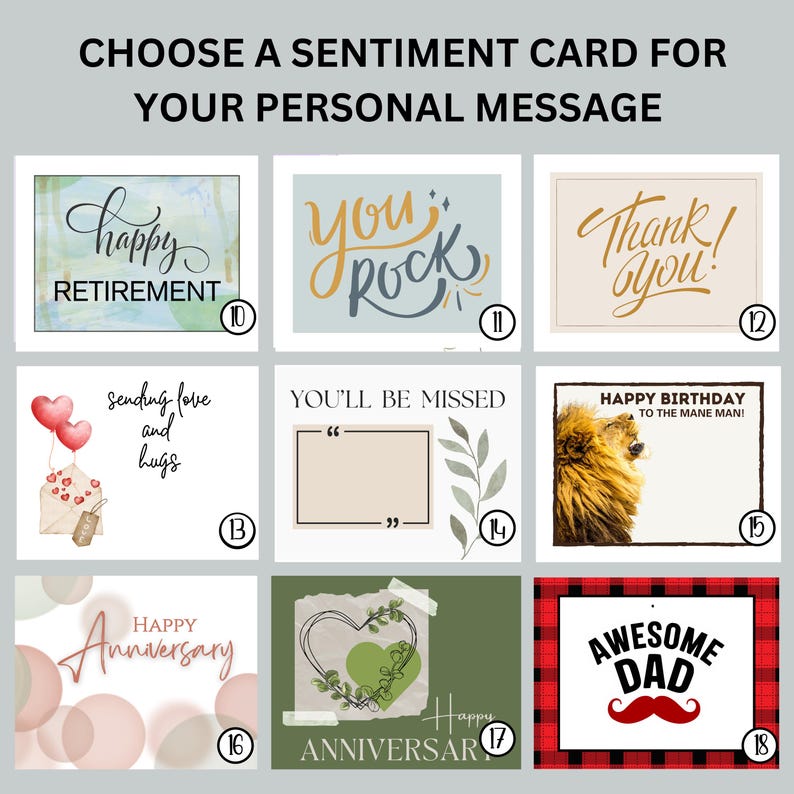 May include: A selection of sentiment cards with various messages, including "Happy Retirement," "You Rock," and "Thank You." Other cards say "Sending love and hugs," "You'll be missed," and "Happy Birthday to the Mane Man!"