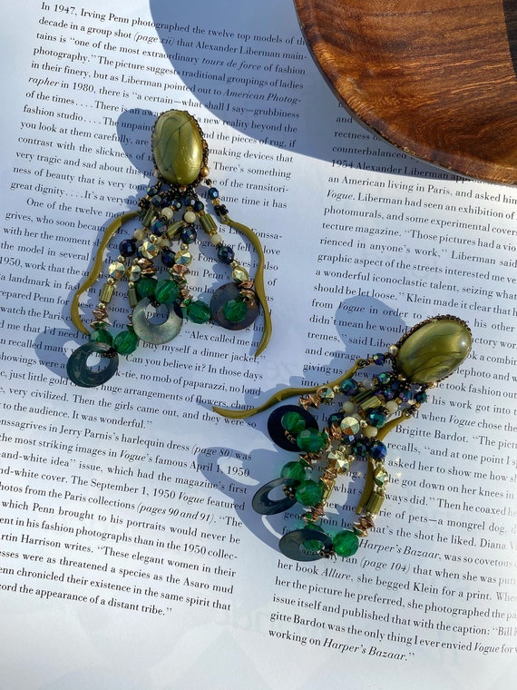 Vintage Brutalist Hand Beaded Dangle Earrings (Da… - image 1