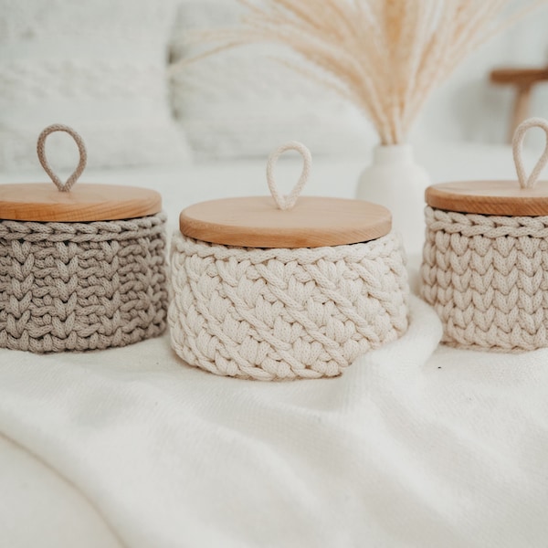 Paniers avec couvercles en bois/paniers au crochet/rangements/paniers déco/décoration automne