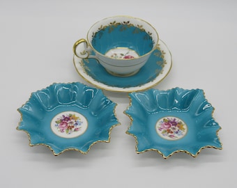Vintage Aynsley England Bone China Cup & Saucer, Trinket/Bone Dishes, 1930&#39;s Turquoise Aynsley English China, AYN 1517, AYN 250